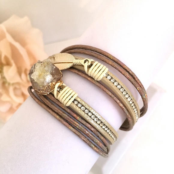 Beige Druzy Crystal Feather Leather Wrap Bracelet - Picture 6 of 6